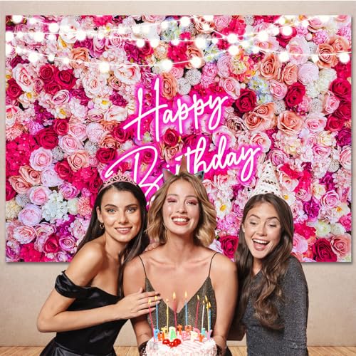 Pink Flower Happy Birthday Backdrop Banner Decorations for Women,Pink Neon Birthday Sign Backdrops Banner Red Rose Flowers Photography Background Girls Bday Party Decor Photo Booth Prop 10x7ft - size: 10ft(W) x 7ft(H)