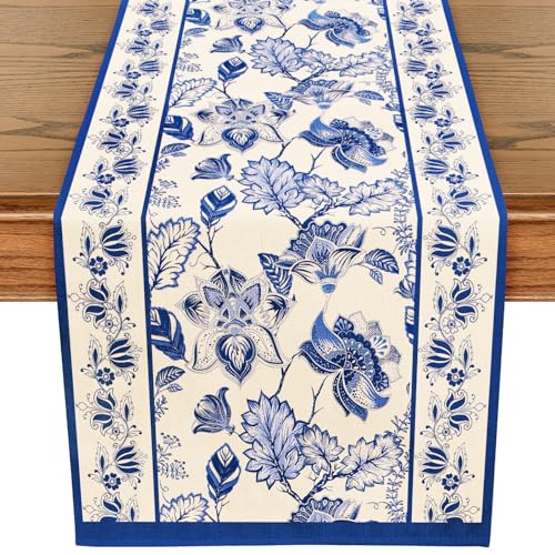WRAPAHOLIC Blue Floral Table Runner - 13 x 48 Inch - Seasonal Spring Summer Farmhouse Indoor Kitchen Anniversary Wedding Dining Table Decorations for Home Party - size: 13 x 48 inch