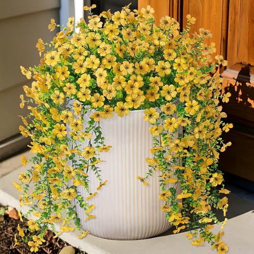 Ammyoo Artificial Hanging Flowers for Outdoors Faux Plants Decoration, 2 Packs Fake Silk Daisy Flower Realistic Outdoor Flowers UV Resistant Porch Patio Window Yard Outside Decor(Yellow) - color: Yellow