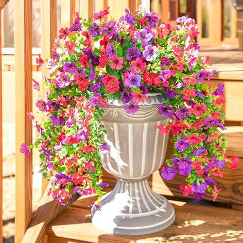 Artificial Faux Hanging Flowers Plants for Spring Outdoor Outside Decoration, 2 PCS Fake Silk Daisy with Eucalyptus UV Resistant Realistic Trailing Vines for Balcony Patio Porch (Darkpurple+Hotpink) - color: Darkpurple+hotpink