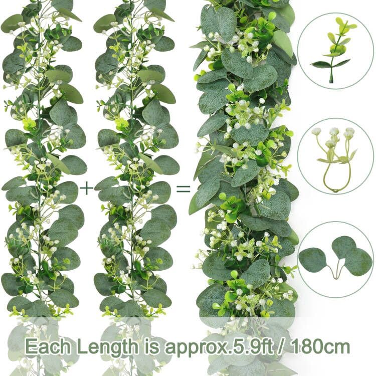Eucalyptus Garland, 4 Packs 5.9FT Greenery Garland with Gypsophila Flowers Artificial Faux Silver Dollar Eucalyptus Leaves Fake Vines for Indoor Outdoor Table Mantle Home Wedding Decor (4PCS) - color: Style-03, size: 4PCS