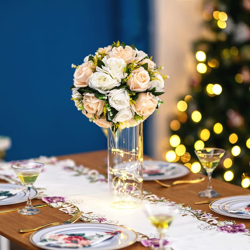 Flower Balls Wedding Rose Centerpieces: 10pcs Fake Flowers Decor for Table | Artificial Champagne White Kissing Balls Floral Arrangements - Faux Flower Bouquet with Base Home Party DIY Decorations - color: Peach Champagne & White