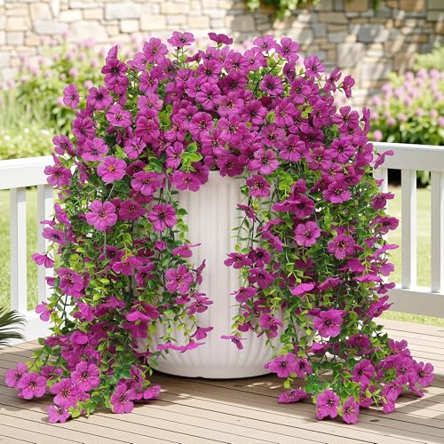 Artificial Fake Hanging Flowers Plants Spring Summer Decoration for Outdoor, 4PCS Faux Silk Daisy Flowers with Eucalyptus Leaves UV Resistant Realistic Planter Porch Patio Balcony Yard Decor (Purple) - color: Purple