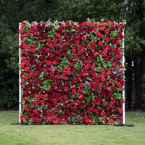 rosemorning 8x8FT Red Artificial Flower Wall Backdrop,5D Silk Flower Wall Panel for Wedding Party Birthday Baby Shower Photo Booth Decor Easy to Install Reusable - color: Rouge-red, size: 8Ft*8Ft