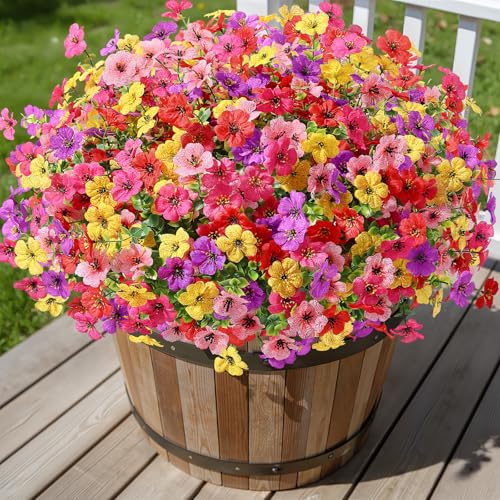 Alupssuc 24 Bundles Artificial Flowers for Outdoors Decoration, UV Resistant Silk Faux Daisy Flora Spring Fake Plastic Plants Greenery for Outside Indoor Yard Home Porch Window Box Decor, Mix 5 Colors - color: Red Rose Purple Yellow Pink