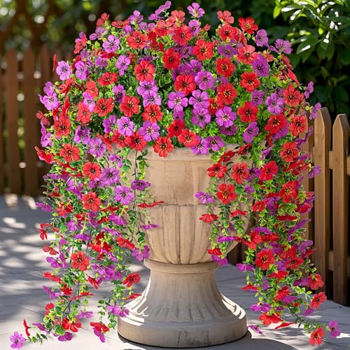 Ammyoo Artificial Hanging Flowers for Outdoors Fake Plants Decoration, 2 Packs Faux Silk Daisy Flower Realistic Outdoor Flowers UV Resistant Porch Patio Window Yard Indoor Spring Decor(Red Purple) - color: Dred Purple