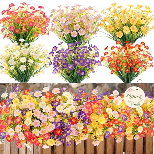 MACTING 36 Bundles Artificial Flowers for Outdoors UV Resistant Fake Flowers No Fade Faux Plastic Plants for Planters Patio Porch Yard Window Home Outside Garden Summer Decorations(Mix Color) - color: Mix Color 1, size: 36PCS