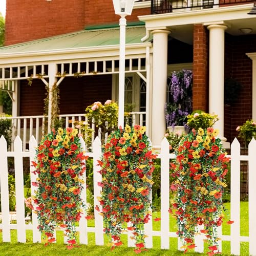 6 Pcs Fall Artificial Hanging Flowers Outdoor Faux Silk Mum Plant Decor Violet with Eucalyptus Realistic UV Resistant Trailing Vine Autumn Thanksgiving Porch Yard(Warm Color, Violet) - color: Bright Color, style: Violet
