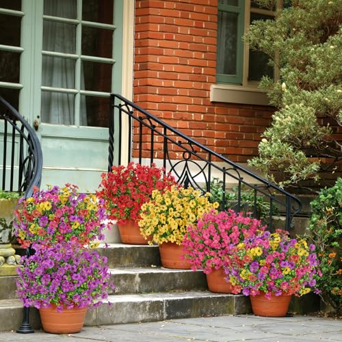 Bassion Artificial Flowers for Outdoors, 16 Bundles UV Resistant Fake Flowers Realistic Silk Faux Plants for Outdoor Planter Window Box Porch Patio Garden Home Outside Decorations - color: Purple Fuchsia Red Yellow