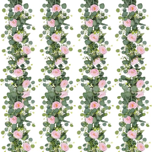 TOCHGREEN 2 Pack 13Ft Artificial Eucalyptus Flower Garland with Pink Roses, Fake Rose Flower Greenery Garland Floral Vines for Wedding Home Party Table Runner Decor (4PCS, Pink) - color: Pink, size: 4PCS