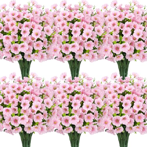 Roberly 12 Bundles Artificial Flowers for Outdoors, Fake Flowers Silk Morning Glory with Eucalyptus UV Resistant Faux Plants for Spring Summer Garden Outside Porch Patio Yard Home Decor, Pink - color: Pink