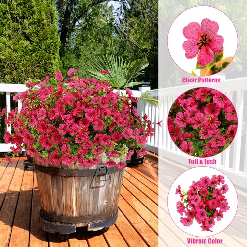 Sggvecsy Artificial Flowers for Outdoors 12 Bundles Realistic Faux Plants UV Resistant Fake Silk Daisy with Eucalyptus for Boxwood Planter Patio Porch Outside Spring Summer Decoration(Rose Red) - color: Rose Red