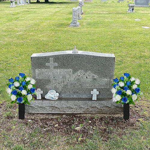 Artificial Cemetery Flowers, Set of 2 Grave Memorial Flowers with Vase, Artificial Rose Bouquet for Cemetery Headstones Gravesites Decoration (Dark Blue & White) - color: Dark Blue & White