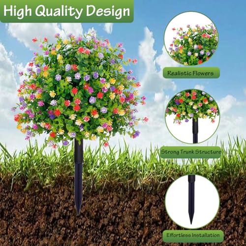 THKFUL Topiary Flower Ball Artificial Outdoor Set of 2,Fake Eucalyptus Boxwood Ball Evergreen Tree with Spike,UV Resistant Faux Shrubs Plants D15.8 for Outdoor Planter,Spring,Porch Decor - style: Colorful