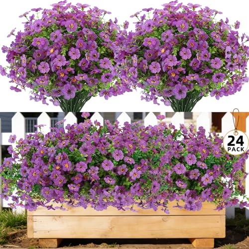24 Bundles Artificial Flowers for Outdoors, UV Resistant Faux Flowers for Outdoor Planters, Fake Flowers for Outside Porch Patio Window Box, Mixed Color Daisy Bushes for Garden Decor(Purple) - color: Purple