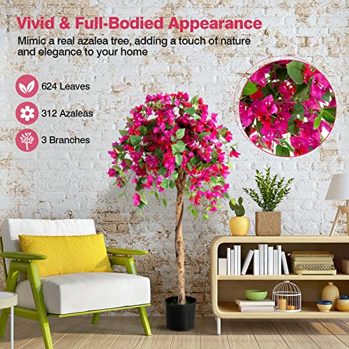 BestComfort 4.5 FT Artificial Azalea Tree, Faux Floral Plant with Cement Pot, 312 Flowers, 624 Leaves, Free Maintenance, Indoor Outdoor Realistic Potted Plant for Office Home - color: Azalea 4.5ft
