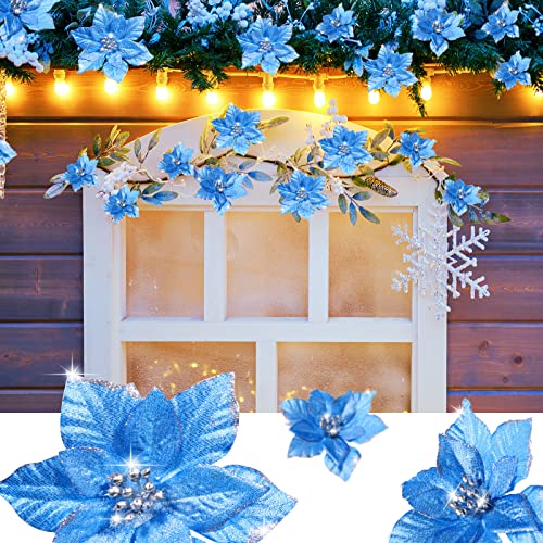 Geosar 100 Pcs 3 Size Christmas Poinsettia Flowers with Clips Glitter Artificial Flowers Small Christmas Tree Ornaments Faux for Xmas Party DIY Craft Wreath Garland New Year, 3/4/6 Inches(Blue) - color: Blue