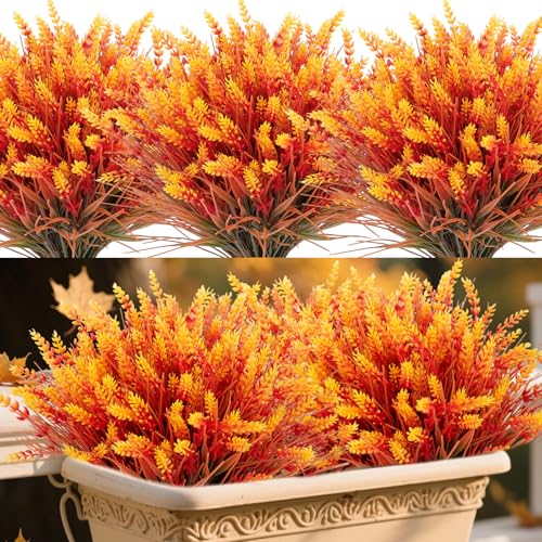 24 Bundles Artificial Fall Lavender Flowers for Outdoors UV Resistant Fake Monkey Grass with Flowers, No Fade Fake Mums Faux Plastic Shrubs Plants for Porch Garden Planters Window Box Decor, Orange - color: Orange, size: 24 Bundles