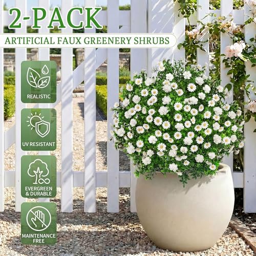 Artificial Boxwood Topiary Ball Trees Daisy Camellia Flowers with Spikes 27" Set of 2, UV Resistant Faux Mums Greenery Shrubs, Realistic Fake Bushes Plant for Outdoor Garden Front Porch Patio Decor - color: Boxwood Daisy