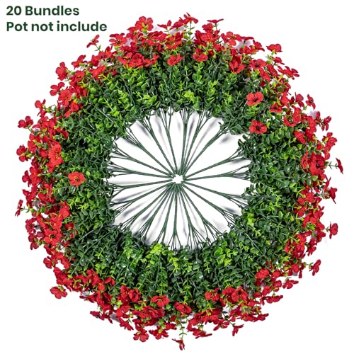 Lnoicy 20 Bundles Artificial Fake Flowers for Outdoor Faux Eucalyptus Flowers for Home Decoration,Fake Plants UV Resistant for Porch/Garden（Red） - color: Red