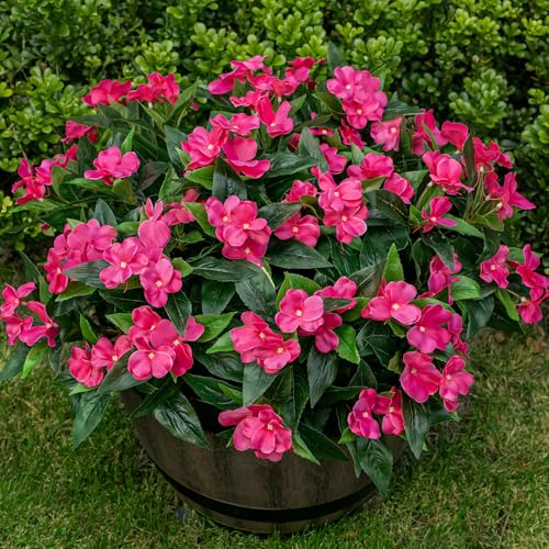 Nigirior Artificial Fake Flowers for Outdoor Décor 6 Bundles UV Resistant Fake Plants for Planter Faux Impatiens for Home Porch/Garden Stunning（Rose Red） - color: Rose Red