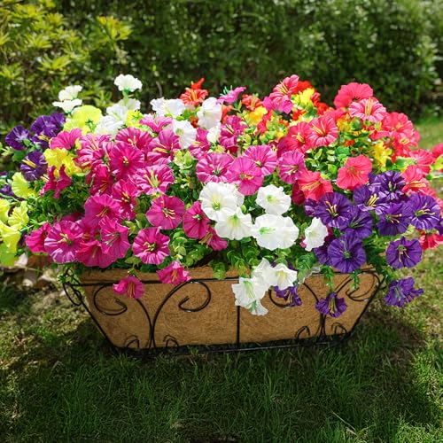 HyeFlora Artificial Flowers for Outdoors Fake Plants Outside Decoration, 12 Bundles Silk Colorful Morning Glory with Eucalyptus UV Resistant Realistic Faux Flowers for Planter Porch Patio Yard Garden - color: Six Mixed(2 Purple, 2 Red, 2 Fuchsia, 2 Hot Pi