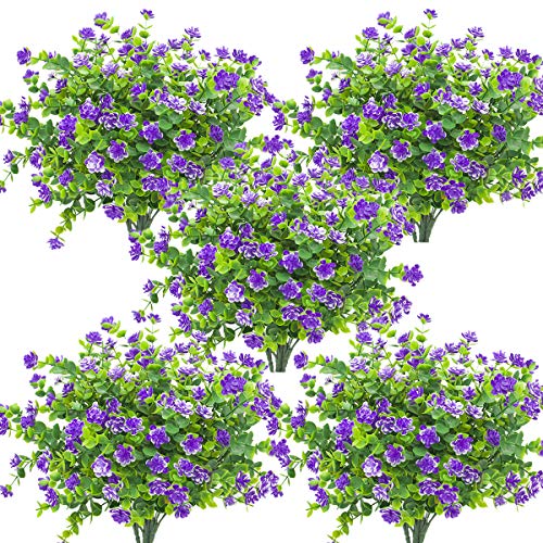 Grunyia 10 Bundles Artificial Fake Flowers, Faux Outdoor Plastic Plants UV Resistant Shrubs Outside Indoor Decorations (Blue-Eucalyptus) - color: Blue-eucalyptus