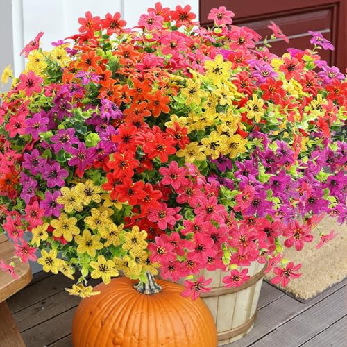 SHareconn 48 Bundles Artificial Flowers for Outdoors Decoration, Faux Plants Fake Silk Colorful Daisy Eucalyptus Lavender, UV Resistant for Outside Home Indoor Spring Decor, 5 Colors incl. Orange - color: Redfuchsiapurpleyelloworange