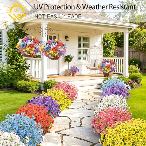 MACTING 24 Bundles Artificial Flowers for Outdoors UV Resistant Fake Outdoor Pansies Plants Plastic Flowers for Planters Window Front Door Porch Yard Patio Garden Home Summer Decorations(Mix Color) - color: Mix Color, size: 24 PCS