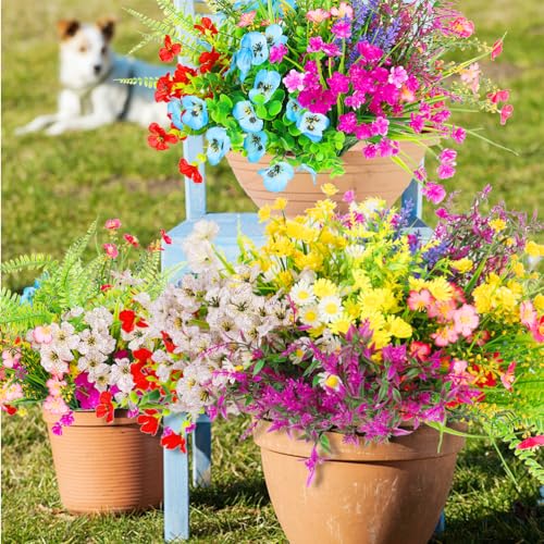 26 Bundles 13 Style Artificial Flowers for Outdoors Multicolor Fake Flowers Plastic Plants Faux Lavender Pansies UV Resistant for Spring Summer Garden Patio Hanging Planter Window Box Vase Decor - color: Faux Flowers for Outdoors