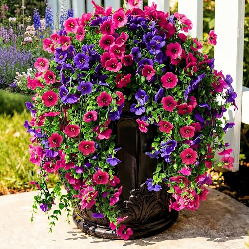 Suncalla 4 Pcs 30In Artificial Hanging Flowers for Outdoor Planter 156 Branches Trailing Faux Potted Plant Fake Floral UV & Fading Resistant for Wedding Patio Spring Summer Decor(Dark Purple,Rose Red) - color: Dark Purple,rose Red