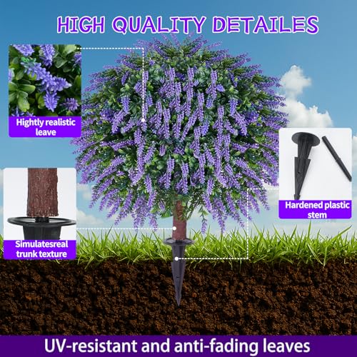 24" Artificial Lavender Topiary Ball Tree Set of 2, UV & Fade Resistant Faux Shrubs, Fake Evergreen Plants for Indoor Outdoor Porch Garden Decor - color: Lavender