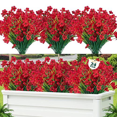Lnoicy 24 Pcs Artificial Flowers for Outdoor,Plastic Flowers Decoration, UV Resistant Faux Flowers Shrubs, Artificial Plants for Indoor Outside Garden Home Wedding Farmhouse(Red) - color: Red, size: 24