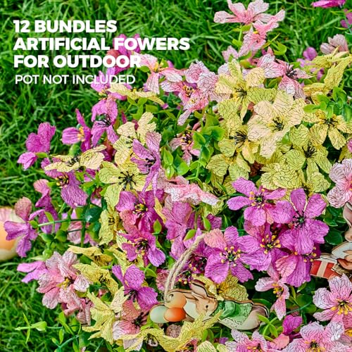Artificial Flowers for Outdoors Patio Decoration 12 Bundles Fake Flower Cherry Blossom UV Resistant Faux Plants Yard Garden Porch Home Boxwood Patio Spring Easter Decor, Mix Yellow Purple Pink Flower - color: B Purple Yellow Pink Cherry Blossom 12pcs