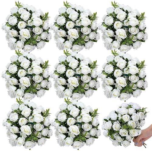 Zeyune 8 Pack 12 Inch Wedding Artificial Mini Rose Bouquet White Silk Flowers Bunches Bulk Fake for Valentine Wedding Bridal Home Office Garden Parties Decoration - color: White