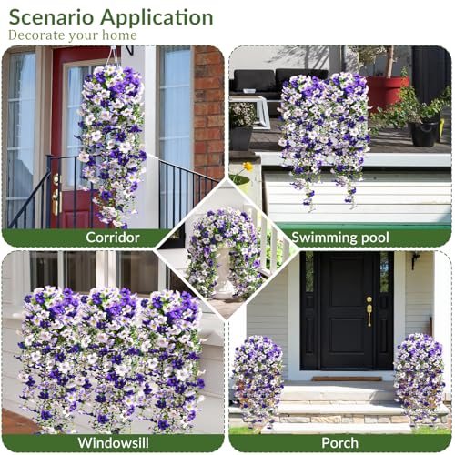 Waipfaru Artificial Petunias Flowers for Outdoors, 4 Pcs UV Resistant Fake Hanging Plants Spring Outside Decor, Faux Silk Flowers Long Trailing Vines for Outdoor Planters Porch Garden (Purple White) - color: Purple, size: 4 PCS
