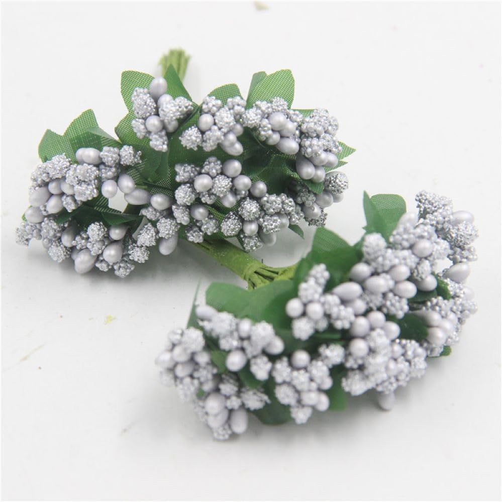 144pcs Artificial Mini Silver Flower Stamen Pistil and Soft Stem,20mm Tiny Berry for DIY Make Bridal Hair Clips,Cake Top,Wrist Corsage Boutonniere,Candle Rings Wreath Bracelet Flower - color: Silver