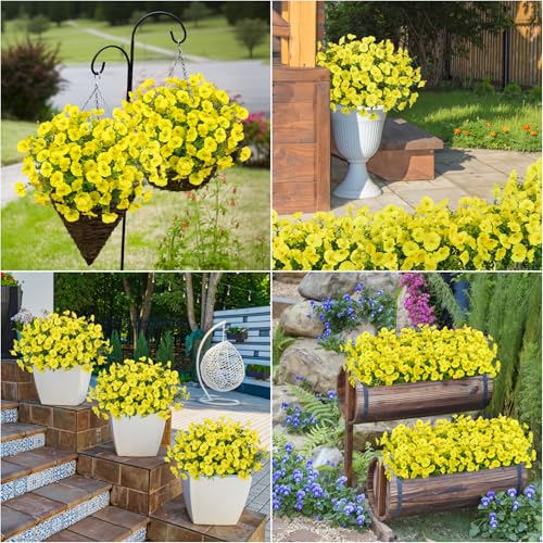 Bassion Artificial Flowers for Outdoors, 20 Bundles Silk Fake Flowers UV Resistant Realistic Morning Glory Faux Eucalyptus Plants for Outside Planters Porch Window Box Garden Indoor Decor - color: Yellow
