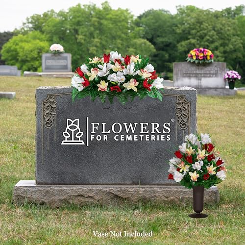 Sympathy Silks Artificial Cemetery Flowers - Grave Decoration - Red Tulips and White Iris (1) Headstone Saddle (1) Bouquet - color: Red/White, size: (1) Saddle (1) Bouquet
