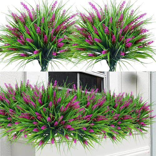 Sggvecsy 24 Bundles Artificial Plants Outdoor Faux Lavender Flowers Fake Monkey Grass UV Resistant Plastic Greenery Plants for Garden Home Porch Window Patio Hanging Planter Indoor Decor (Magenta) - color: Magenta, size: 24pcs