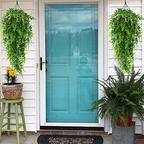 RECUTMS Hanging Artificial Plants 4Pcs UV Resistant Fake Boston Fern Realistic Faux Greenery Plastic Ivy Vines for Wall Home Room Garden Wedding Party Garland Outside Decoration(Green) - color: Green