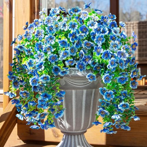 Artificial Faux Hanging Flowers Plant for Fall Outdoor Outside Decoration, 2 PCS Fake Silk Violets with Eucalyptus UV Resistant Realistic Daisy Trailing Vines for Balcony Yard Patio Porch Planter,Blue - color: Blue