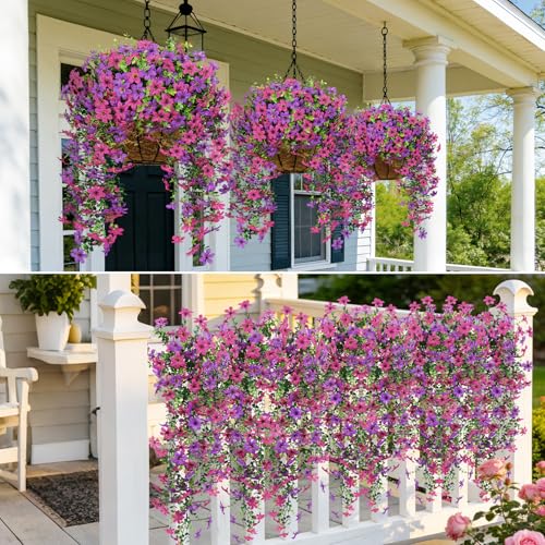 Roberly 4 Pcs Artificial Hanging Flowers for Outdoors, Realistic Faux Silk Flowers UV Resistant Fake Greenery Plants for Spring Summer Garden Porch Indoor Outdoor Home Decor, Purple Fuchsia - color: Purple Fuchsia