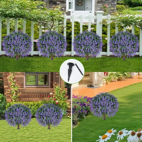 24" Artificial Lavender Topiary Ball Tree Set of 2, UV & Fade Resistant Faux Shrubs, Fake Evergreen Plants for Indoor Outdoor Porch Garden Decor - color: Lavender