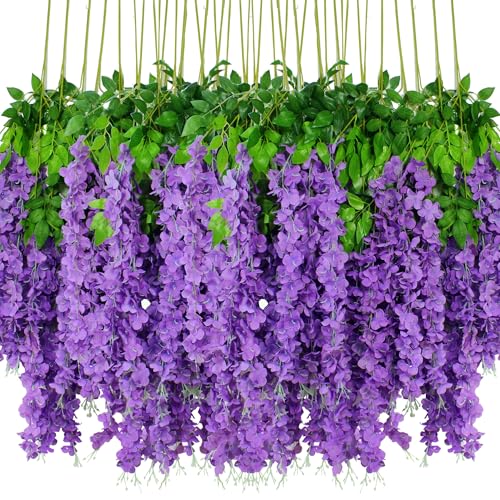 36pcs Artificial Wisteria Flowers 3.6 Feet/Piece Purple Dense Artificial Fake Wisteria Vine Ratta Hanging Garland Silk Flowers String Home Party Wedding Decor（Purple-Dense） - color: Purple, size: 36 PCS