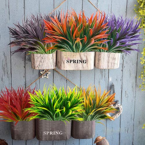 16pcs Artificial Plants Outdoor Flowers UV Resistant Fake Tall Grass Plants Faux Tropical Shrubs Plastic Greenery Bushes Front Porch Patio Garden Outside Decoration (Purple) - color: Dark Purple Grass Plant, size: 16 Pcs
