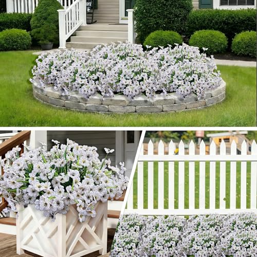 20 Bundles Artificial Flowers for Outdoors, UV Resistant Fake Flowers with Plastic Plants For Outside, Faux Silk Flowers for Planter outdoor, Fake Realistic Flower for Planters Window Box Decor-White - color: White
