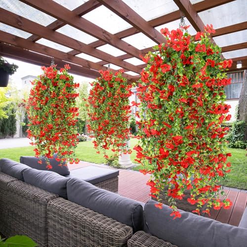 6 Pcs Spring Artificial Hanging Flowers Outdoor Faux Silk Mum Plant Decor Violet with Eucalyptus Realistic UV Resistant Trailing Vine Spring Porch Yard(Red,Violet) - color: Red, style: Violet