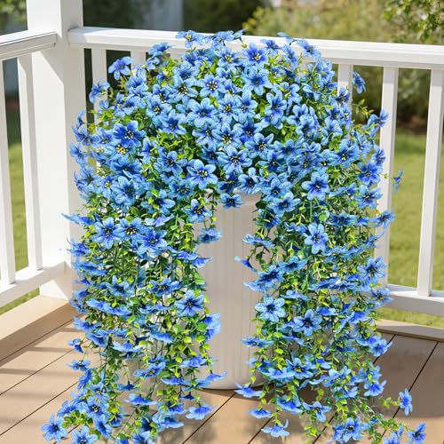 Roberly 4 Pcs Artificial Hanging Flowers for Outdoors, Realistic Faux Silk Flowers UV Resistant Fake Greenery Plants for Spring Summer Garden Porch Indoor Outdoor Home Decor, Blue - color: Blue