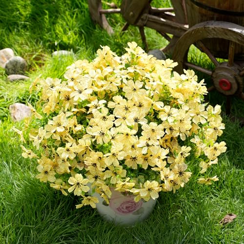 PONKING Artificial Flowers for Outdoors Patio Decoration 12 Bundles Fake Flower Cherry Blossom UV Resistant Faux Plants Yard Garden Porch Home Boxwood Planter Patio Decor, Yellow Flower - color: D Yellow Cherry Blossom 12pcs